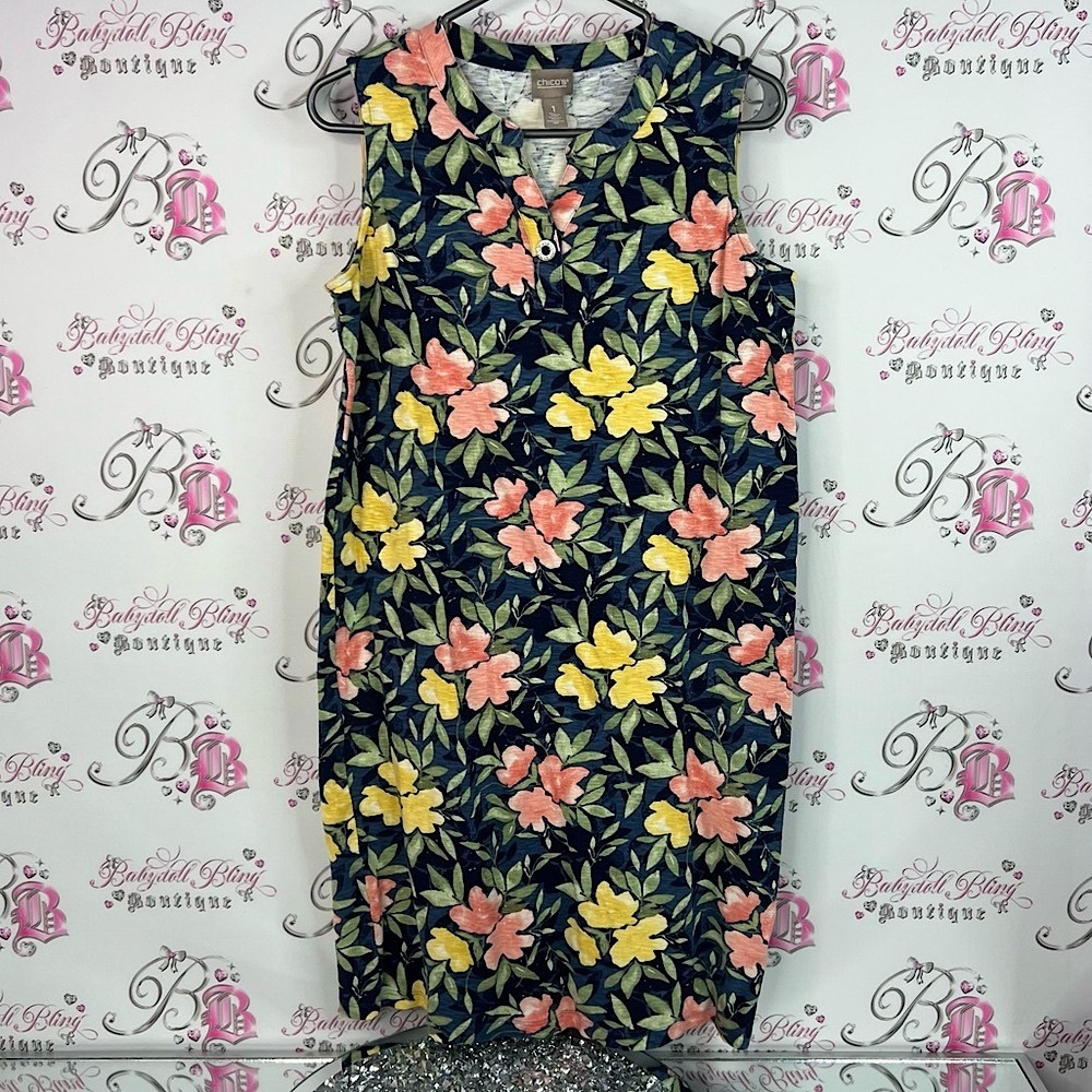 Chico's dress flowers button Navy Floral flowers yellow peach pink green Dress